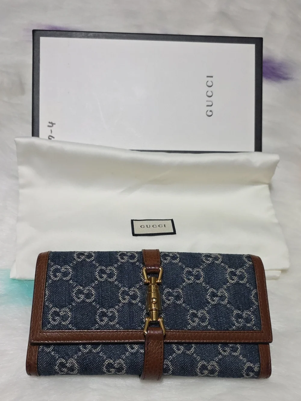 Gucci Denim GG Monogram Wallet with Brown Leather and Gold Hardware And Sling - Picture 1 of 4
